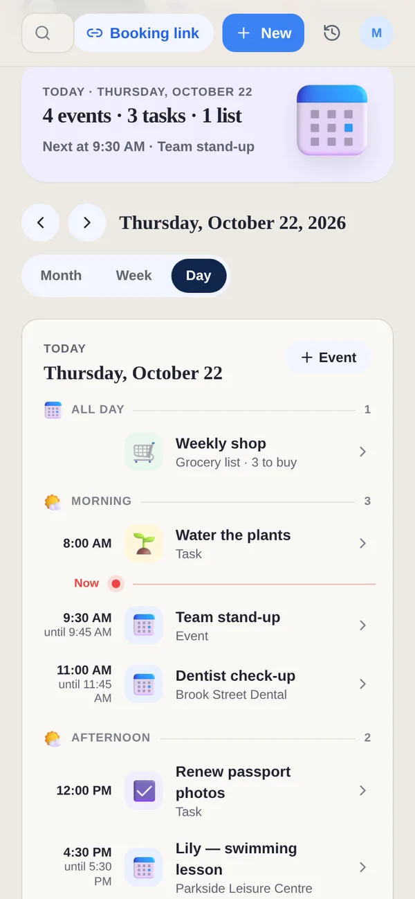 Yuki’s day view: meetings, a dentist appointment, tasks and a grocery list in time order