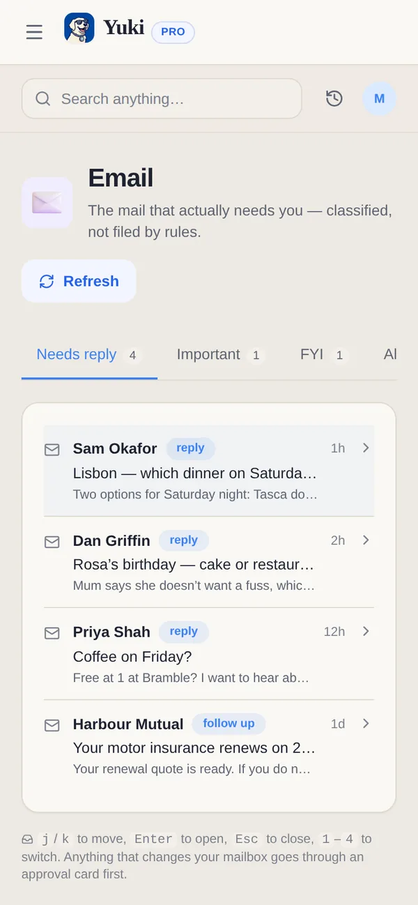 A vista de Email do Yuki: as mensagens que precisam de resposta, separadas do correio importante e informativo