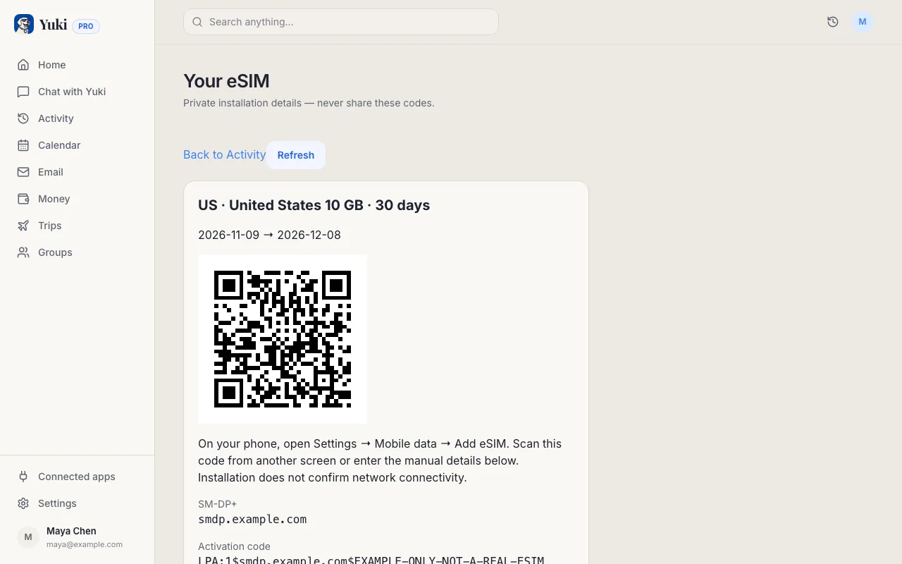 Preview of a Yuki Agent travel eSIM (coming soon): a fictional active United States plan with 10 GB for 30 days, its dates and the QR code and details to install it
