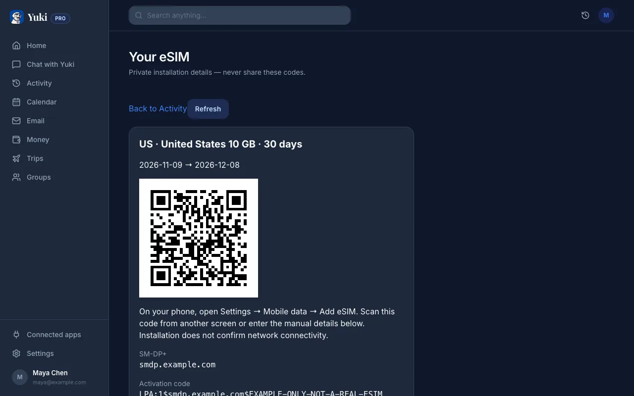 Preview of a Yuki Agent travel eSIM (coming soon): a fictional active United States plan with 10 GB for 30 days, its dates and the QR code and details to install it