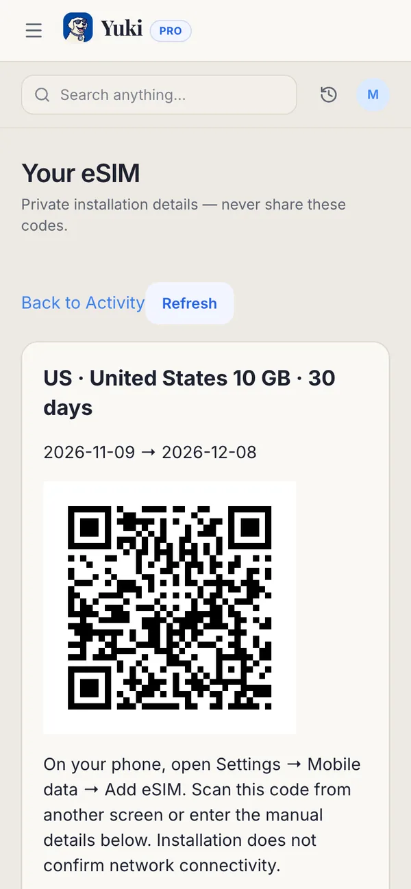 Preview of a Yuki Agent travel eSIM (coming soon): a fictional active United States plan with 10 GB for 30 days, its dates and the QR code and details to install it