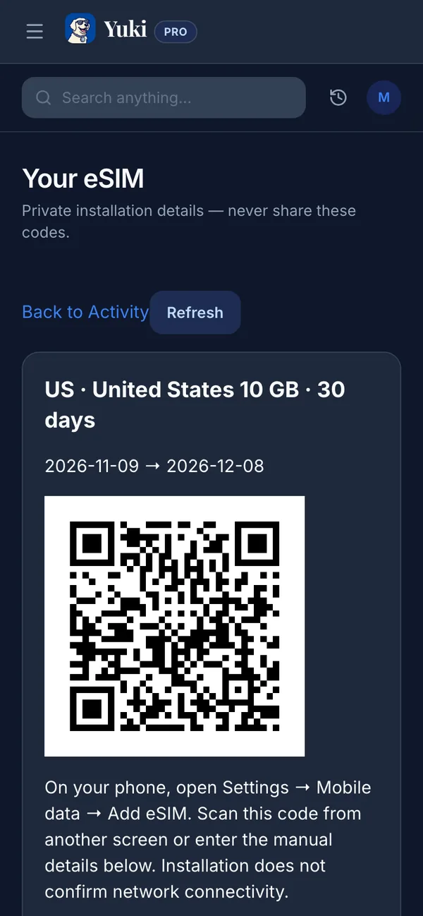 Preview of a Yuki Agent travel eSIM (coming soon): a fictional active United States plan with 10 GB for 30 days, its dates and the QR code and details to install it