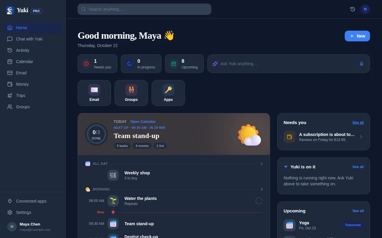 Yuki’s Home screen: what needs you, and today’s plan with events, tasks and a grocery list