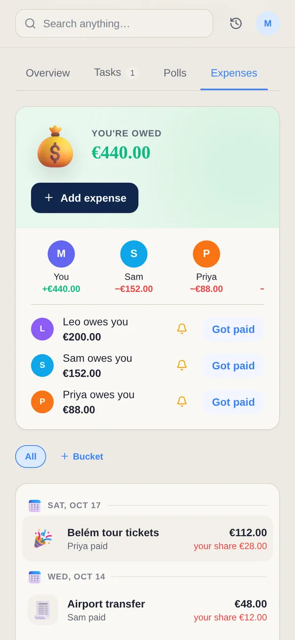 Shared expenses in a Yuki group: who owes whom, a Got paid button for each person and everyone’s share of each cost