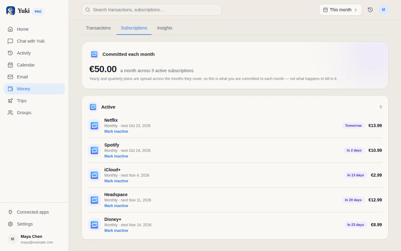 Yuki’s subscriptions: the monthly total, then Netflix, Spotify, iCloud+ and more with each price and next renewal date