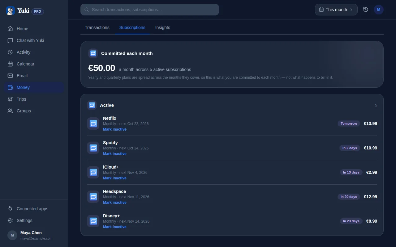 Yuki’s subscriptions: the monthly total, then Netflix, Spotify, iCloud+ and more with each price and next renewal date