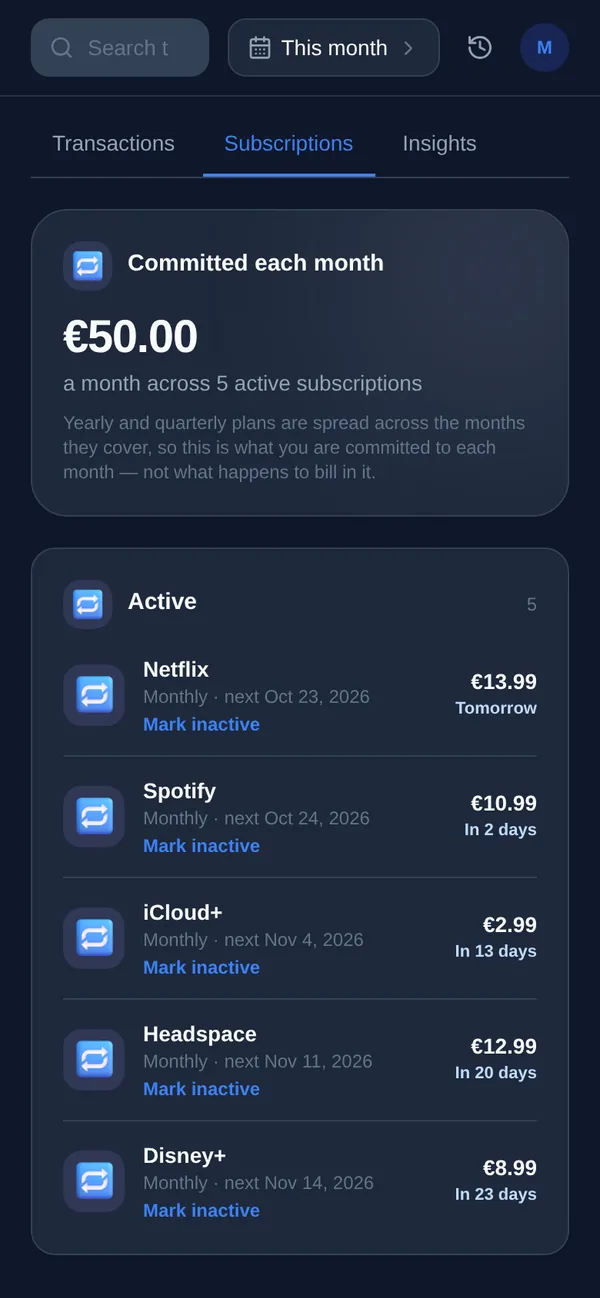 Yuki’s subscriptions: the monthly total, then Netflix, Spotify, iCloud+ and more with each price and next renewal date