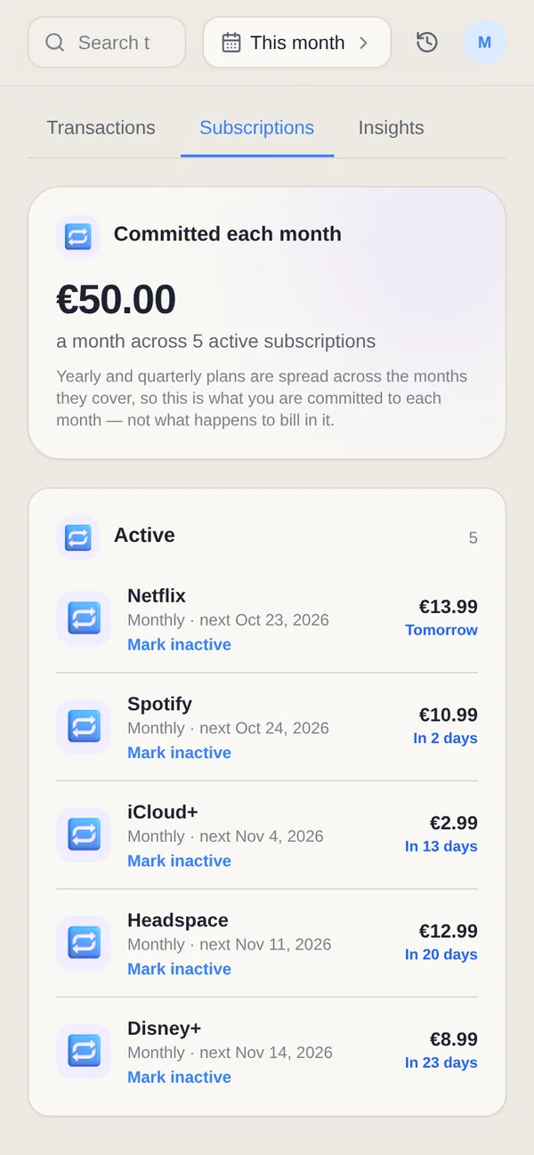 Yuki’s subscriptions: the monthly total, then Netflix, Spotify, iCloud+ and more with each price and next renewal date