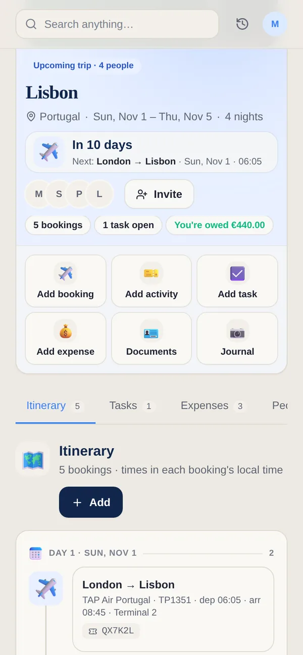 Un viaje a Lisboa en Yuki creado a partir de los correos de reserva: la cuenta atrás, quién va y el itinerario día a día con vuelos y alojamiento