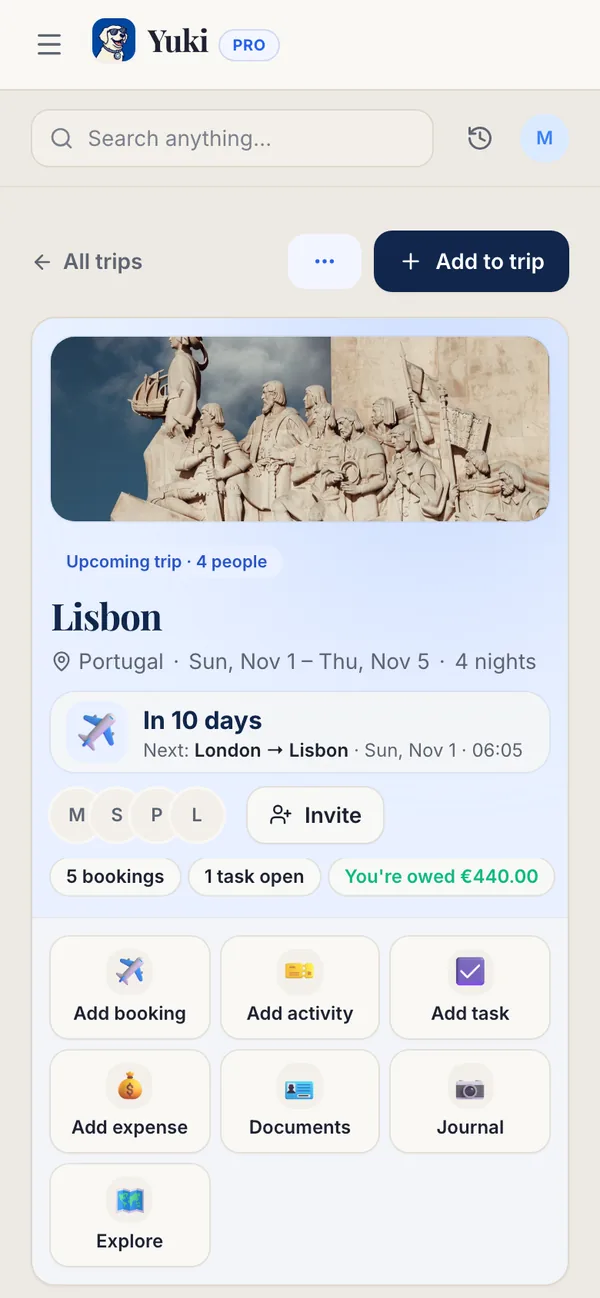 Uma viagem a Lisboa no Yuki criada a partir dos emails de reserva: a contagem decrescente, quem vai e o itinerário dia a dia com voos e alojamento