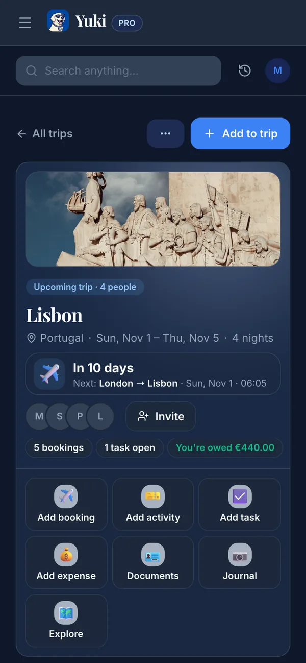 Uma viagem a Lisboa no Yuki criada a partir dos emails de reserva: a contagem decrescente, quem vai e o itinerário dia a dia com voos e alojamento