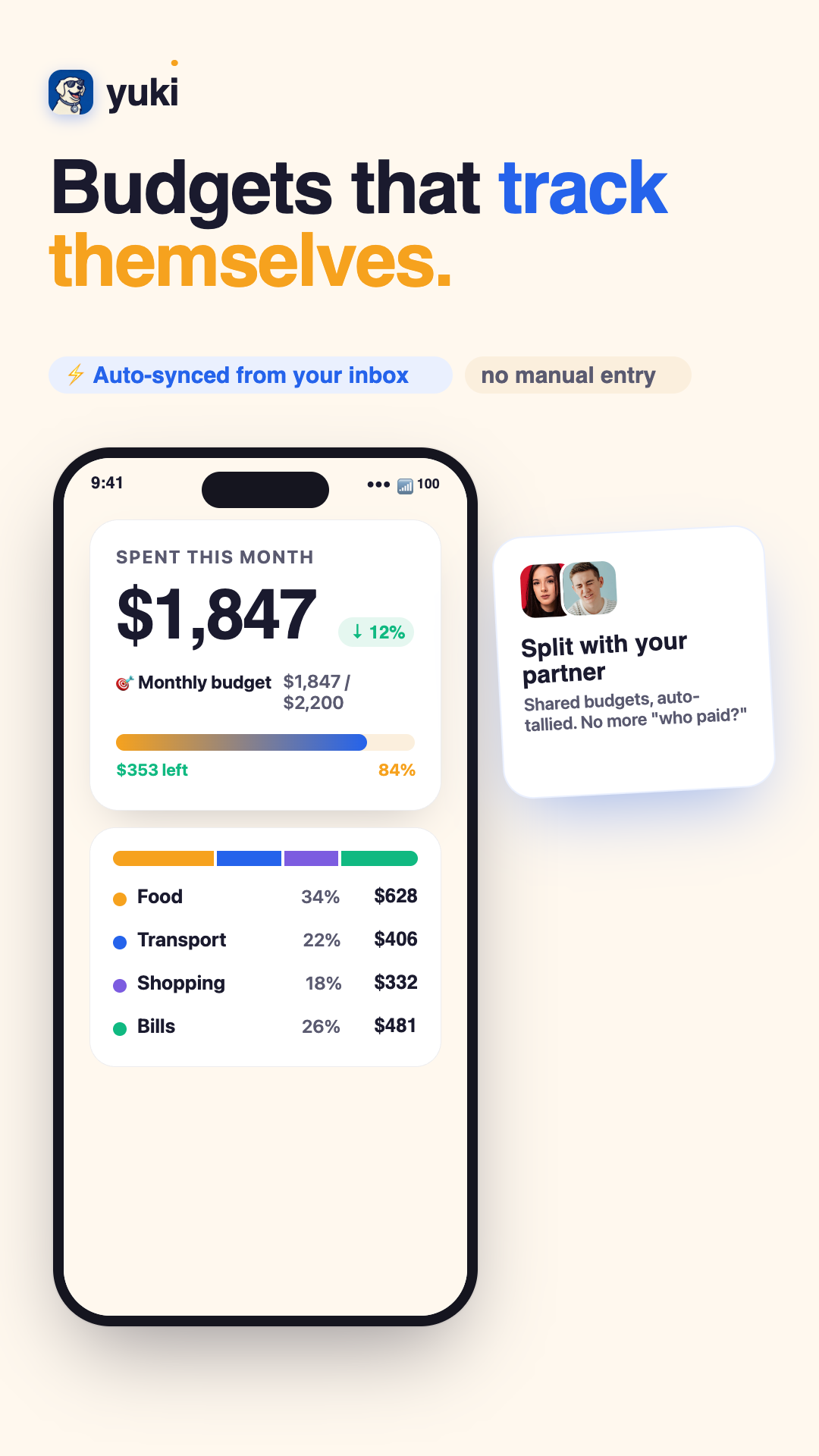 Yuki budget view tracking monthly spend automatically with the option to split a budget with your partner
