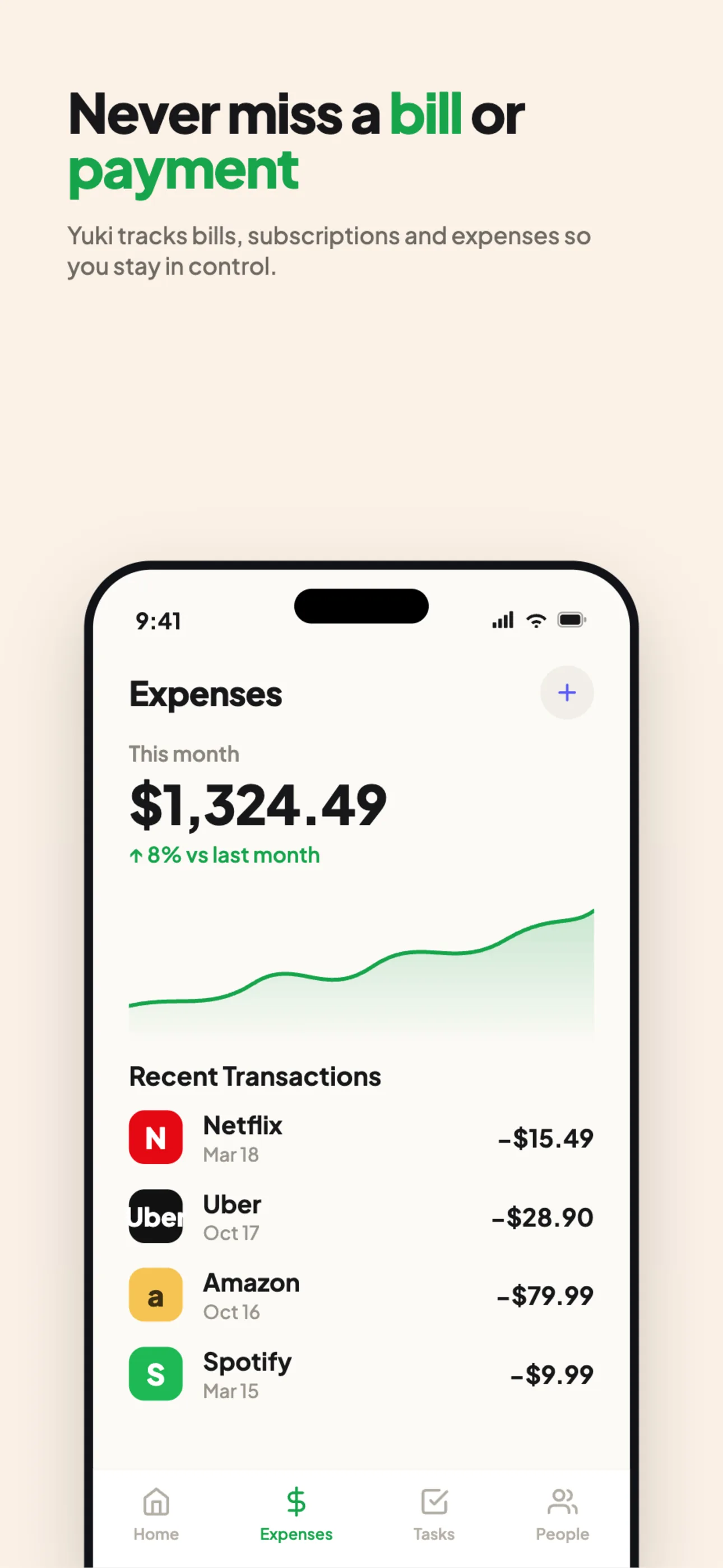 Yuki tracking monthly spending by category, auto-synced from receipt emails