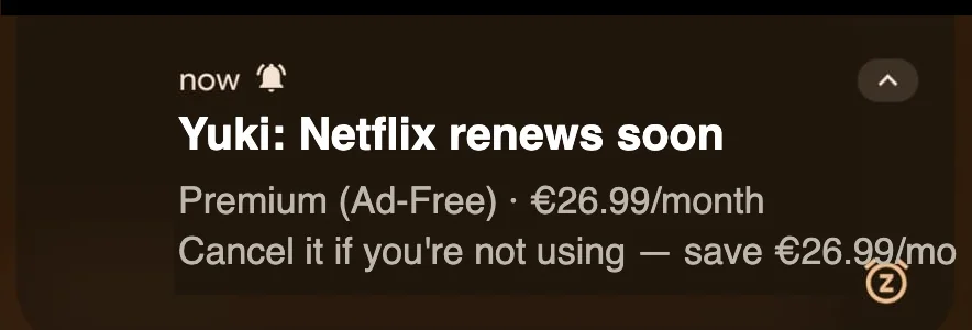 Yukiの通知:「Netflixがまもなく更新されます——プレミアム(広告なし)・月額26.99ユーロ。使っていなければ解約——月26.99ユーロの節約に。」