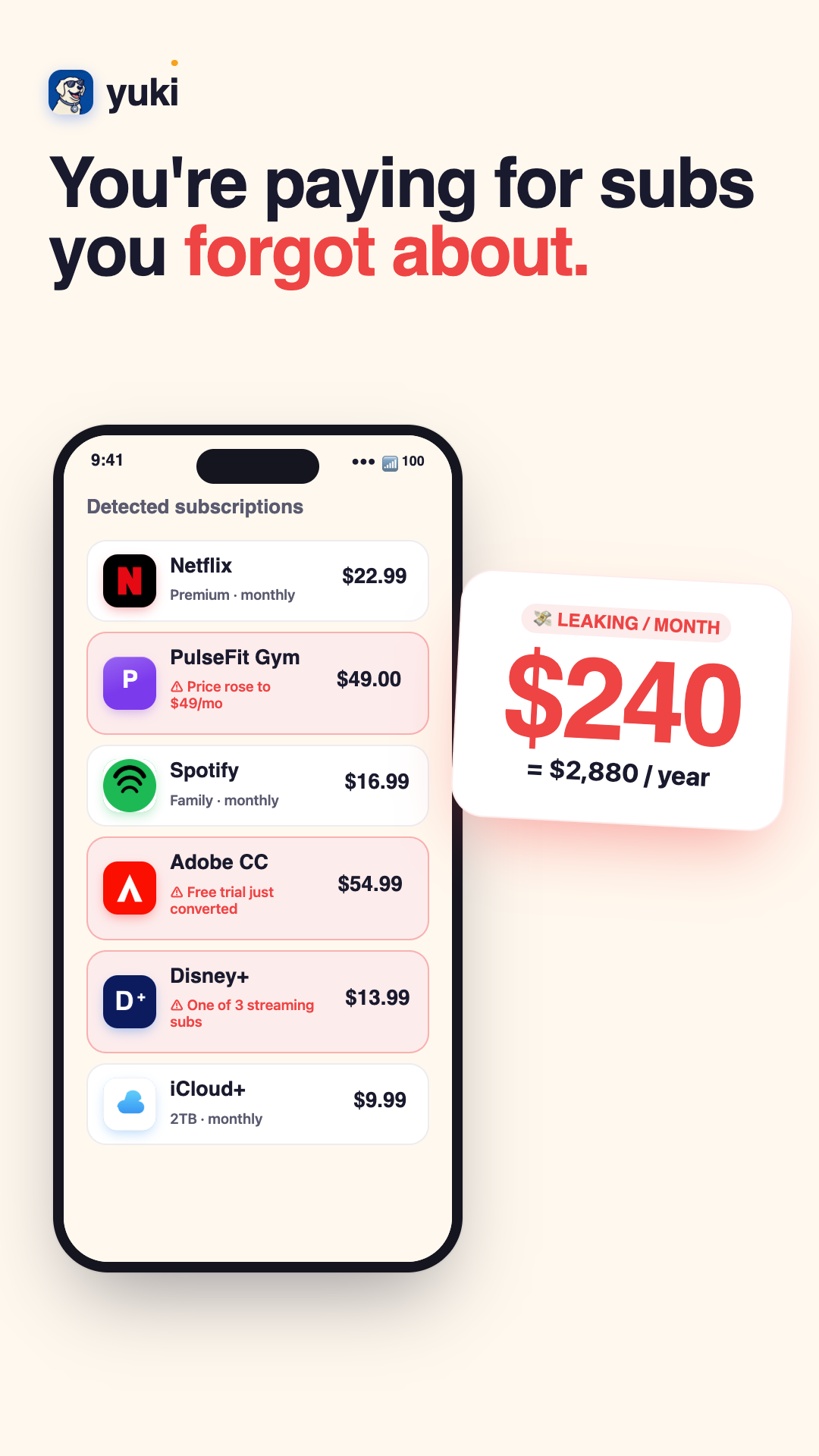 Yuki found 30 recurring subscriptions automatically detected from email receipts and renewal notices