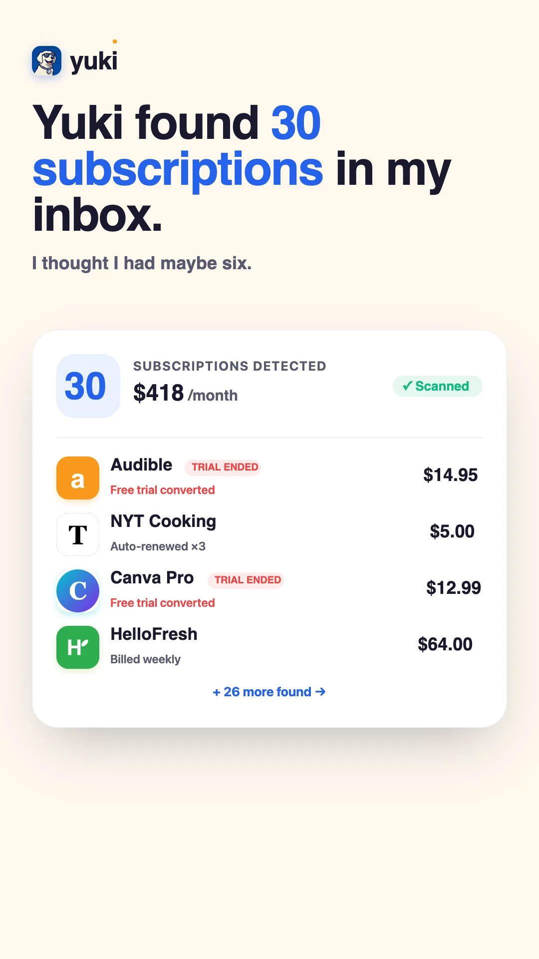 Yuki highlighting forgotten and wasted subscriptions you are still paying for